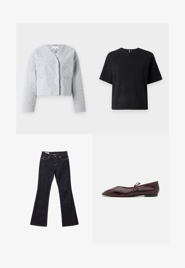 Grå kort jakke lavet af blødt, tekstureret stof. Den har en V-udskæring, lange ærmer og to forlommer.; Sort kortærmet t-shirt lavet af et blødt stof, med en klassisk rund hals og en afslappet pasform med raglanærmer.; Mørkeblå denim bukser med flared ben, fem lommer, kobbernitter og kontrastsyet. Glat tekstur med en lige, afslappet pasform.; Ballethæle i bordeaux laklæder med spids tå og en dekorativ lilla sløjfe på forfoden; flad såldesign.