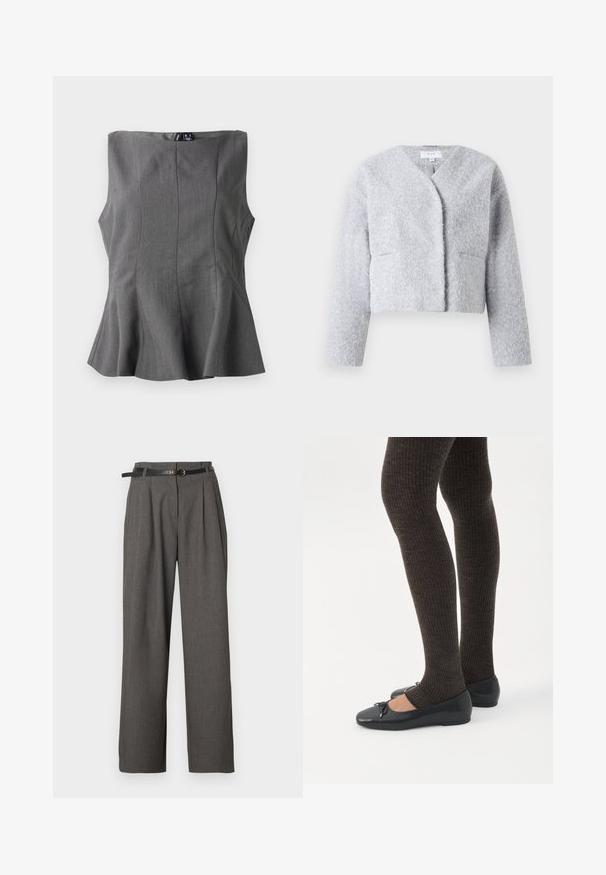 Veste grise courte en tissu doux et texturé. Elle présente un décolleté en V, des manches longues et deux poches avant.; Haut peplum gris avec un design structuré et sans manches. Fabriqué en tissu lisse, doté de coutures verticales et d'un décolleté droit.; Pantalon gris taille haute avec plis et poches latérales, stylisé d'une fine ceinture noire avec une boucle ronde dorée.; Jambes portant des leggings côtelés foncés associés à des ballerines noires avec de petits détails en nœud sur fond blanc.