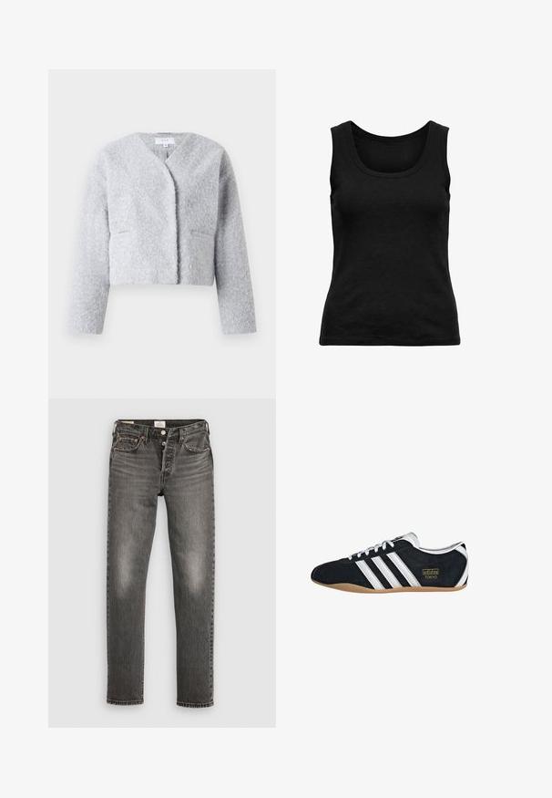 Graue, kurz geschnittene Jacke aus weichem, strukturiertem Stoff. Sie verfügt über einen V-Ausschnitt, lange Ärmel und zwei Vorderstaschen.; Schwarzes, geripptes, ärmelloses Tanktop mit Rundhalsausschnitt, figurbetontem Schnitt und einfarbig, flach auf weißem Hintergrund dargestellt.; Graue Jeans aus Denim mit geradem Bein, mit beschädigter Textur, subtilen Verwaschungen, kupfernen Nieten und einem klassischen Knopfverschluss.; Schwarze Wildledersneaker mit drei weißen Streifen, goldenem Logo und brauner Gummisohle. Merkmale ein niedrigprofiliertes Schnürdesign.