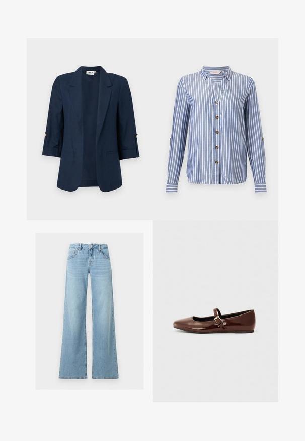Blazer pour femme bleu marine avec manches trois-quarts, devant ouvert, revers crantés, et détails de boutons sur les poignets des manches.; Chemise à manches longues rayée verticalement bleu et blanc avec col en V, col et boutons marron sur le devant et sur les pattes de manche.; Jean en denim bleu clair taille haute avec jambes larges, bouton et fermeture éclair à l'avant, style classique cinq poches.; Ballerine en cuir verni marron avec un bout carré et une lanière ornée d'une petite boucle dorée. Texture lisse, talon bas et design minimaliste.
