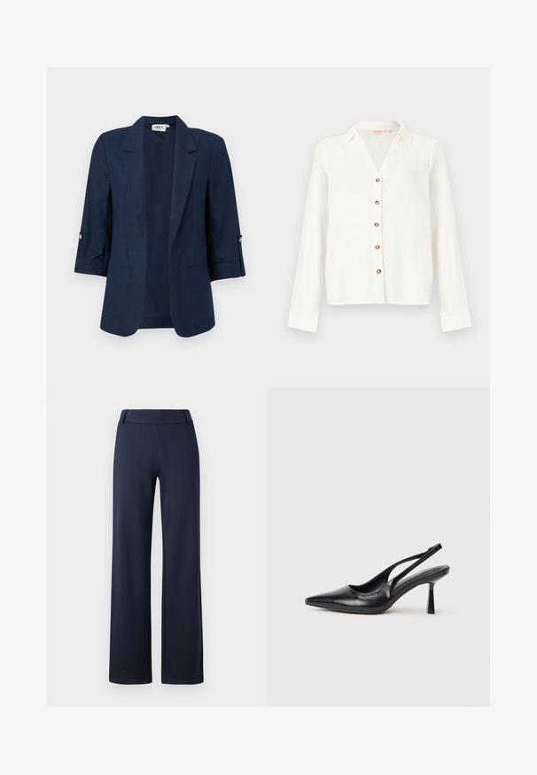 Dunkelblauer Damenblazer mit Dreiviertelärmeln, offenem Vorderteil, Revers mit Kerbkragen und Knopfdetails an den Ärmelbündchen.; Weiße Bluse mit langen Ärmeln, einem Kragen und fünf braunen Knöpfen vorne, gefertigt aus leichtem, strukturiertem Stoff.; Marineblauweite Hosen aus weichem, elastischem Material. Sie verfügen über einen flachen Bund und eine glatte Textur; keine sichtbaren Muster oder Beschläge.; Schwarzer Leder Slingback High Heel Schuh mit spitzer Zehenpartie und schmalem Absatz auf einem weißen Hintergrund.