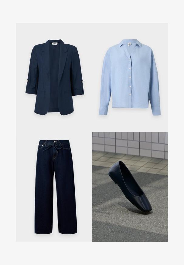 Dunkelblauer Damenblazer mit Dreiviertelärmeln, offenem Vorderteil, Revers mit Kerbkragen und Knopfdetails an den Ärmelbündchen.; Hellblaues langärmeliges Hemd mit Knopfleiste und Kragen, vor einfarbigem Hintergrund dargestellt.; Dunkelblaue, weit geschnittene Jeans aus Denim mit einem vorderen Knopfverschluss und einem Kordelzugbund, versehen mit kontrastierenden Nähten.; Schwarzer flacher Lederschuh steht aufrecht auf einer Asphaltfläche nahe dem Rand eines gefliesten Bürgersteigs.