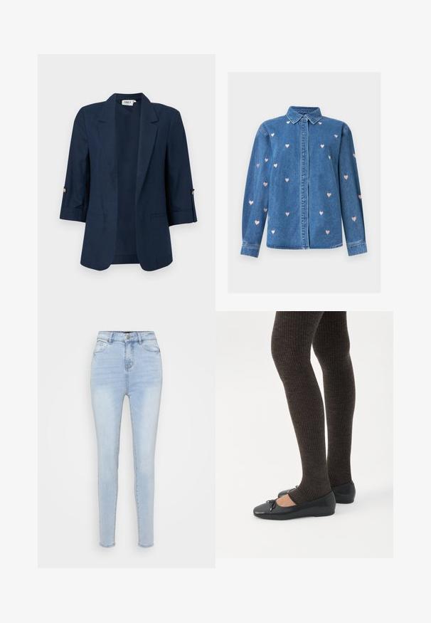 Blazer pour femme bleu marine avec manches trois-quarts, devant ouvert, revers crantés, et détails de boutons sur les poignets des manches.; Chemise en denim bleu à manches longues avec col, fermeture boutonnée à l'avant et petits motifs de cœurs roses brodés répartis sur le tissu.; Jean skinny en denim bleu clair avec une taille haute, un design à cinq poches et un léger délavage. Comprend une braguette zippée et une fermeture à bouton en métal.; Jambes portant des leggings côtelés foncés associés à des ballerines noires avec de petits détails en nœud sur fond blanc.
