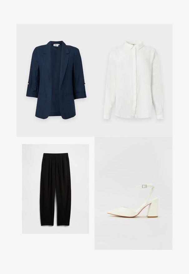 Blazer pour femme bleu marine avec manches trois-quarts, devant ouvert, revers crantés, et détails de boutons sur les poignets des manches.; Chemise blanche à manches longues en tissu froissé, avec col pointu et fermeture à boutons sur le devant, présentée sur un fond uni.; Pantalon noir à coupe décontractée avec taille élastique et poches latérales, présenté sur un fond blanc uni.; Sandale blanche à talon avec un bout pointu, sangle de cheville réglable et un talon carré épais. Texture lisse avec des détails de couture minimaux.