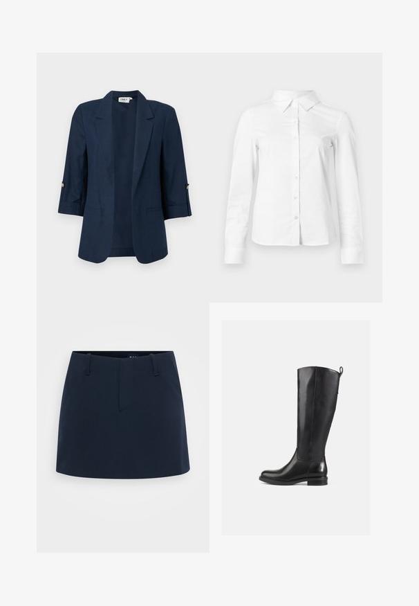 Blazer pour femme bleu marine avec manches trois-quarts, devant ouvert, revers crantés, et détails de boutons sur les poignets des manches.; Chemise blanche à manches longues avec boutons, col pointu, ourlet droit et silhouette ajustée, présentée sur un fond clair uni.; Jupe bleu marine au design cintré, avec un devant plat, des passants de ceinture et sans poches visibles. Fabriquée en tissu texturé.; Bottes en cuir noir jusqu'au genou avec une finition lisse, bout rond, talon bas et une languette à l'arrière. Design minimaliste sans motifs visibles.