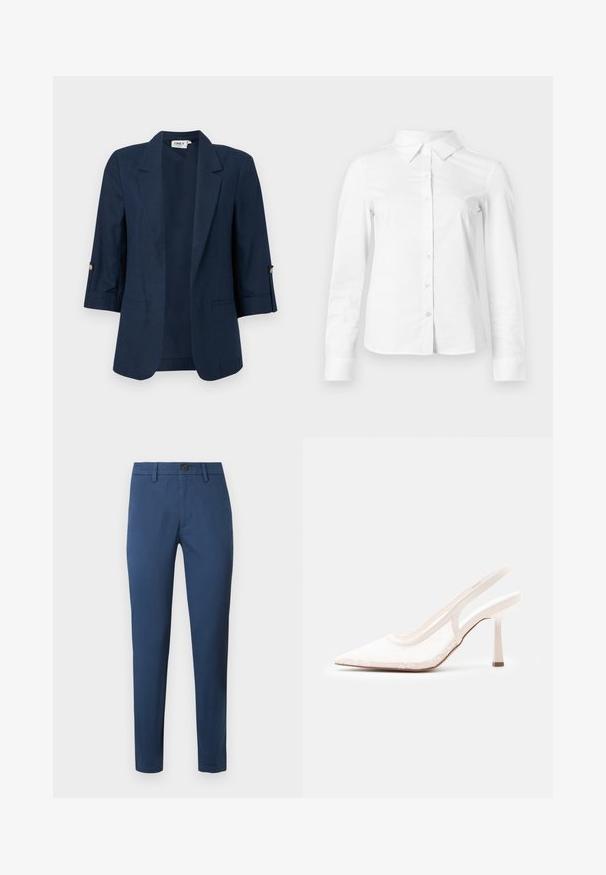 Donkerblauw damesblazer met driekwartmouwen, open voorkant, inkeping revers en knoopdetails op de mouwmanchetten.; Witte blouse met lange mouwen en knopen, met puntige kraag, rechte zoom en aansluitende silhouet, weergegeven op een effen lichte achtergrond.; Blauwe katoen chinos met een slim fit, voorzien van een knoopsluiting, riemlussen en standaardzakken, een gladde textuur en strakke lijnen.; Witte slingback met spitse neus, hoge hak, bovenwerk van kanten mesh en een slanke hak op een effen lichtgrijze achtergrond.