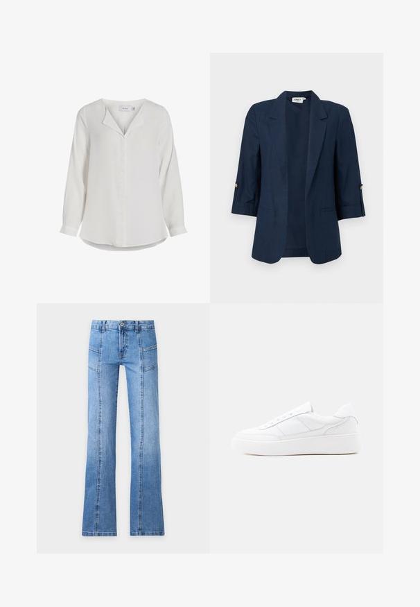 Blazer de mujer azul marino con mangas tres cuartos, apertura frontal, solapas con muesca y detalles de botones en los puños.; Blusa blanca de manga larga hecha de tela suave, con un collar con muesca, una tapeta frontal y un dobladillo curvado.; Vaqueros de mezclilla azul claro con tiro alto, botón delantero, cremallera, detalles en las costuras y piernas ligeramente acampanadas sobre un fondo liso.; Zapatilla blanca de corte bajo con suela gruesa, diseño con cordones y detalles de costura sutiles sobre un fondo claro y uniforme.