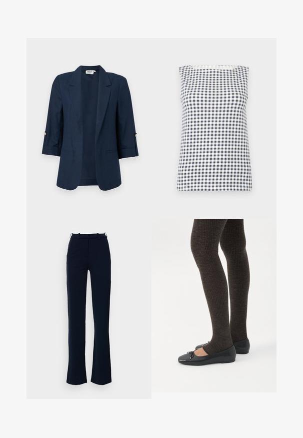 Blazer pour femme bleu marine avec manches trois-quarts, devant ouvert, revers crantés, et détails de boutons sur les poignets des manches.; Haut sans manches avec motif à carreaux noir et blanc, encolure ronde et ourlet droit.; Pantalon bleu marine avec une coupe droite, fabriqué dans un tissu lisse, avec passants de ceinture et fermeture à glissière à l'avant.; Jambes portant des leggings côtelés foncés associés à des ballerines noires avec de petits détails en nœud sur fond blanc.