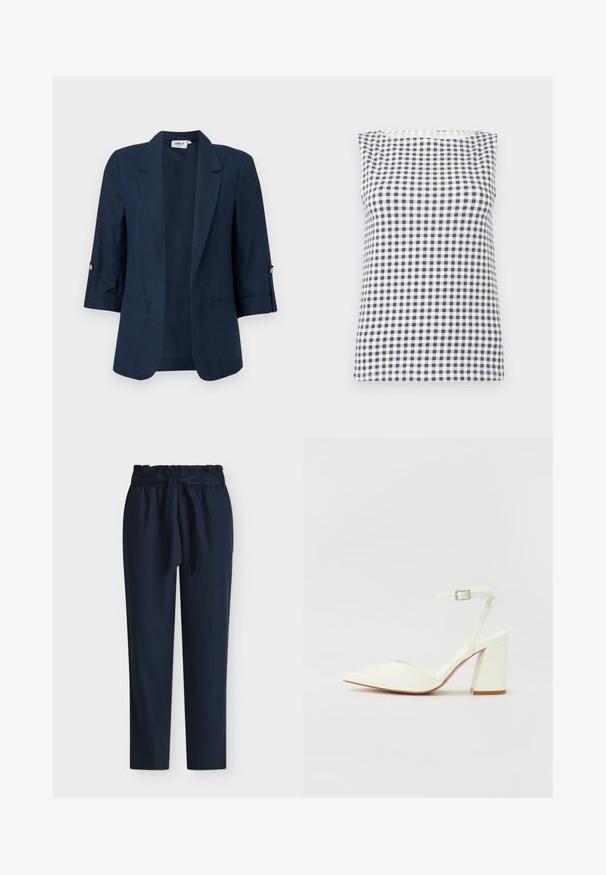 Blazer pour femme bleu marine avec manches trois-quarts, devant ouvert, revers crantés, et détails de boutons sur les poignets des manches.; Haut sans manches avec motif à carreaux noir et blanc, encolure ronde et ourlet droit.; Pantalon bleu marine taille haute avec taille paperbag et ceinture en tissu nouée en nœud devant.; Sandale blanche à talon avec un bout pointu, sangle de cheville réglable et un talon carré épais. Texture lisse avec des détails de couture minimaux.
