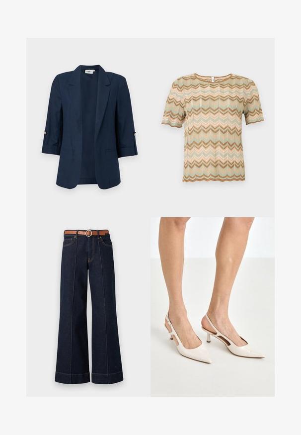 Donkerblauw damesblazer met driekwartmouwen, open voorkant, inkeping revers en knoopdetails op de mouwmanchetten.; Kortärmelig gebreide top met zigzagpatroon in beige, lichtgroene en bruine tinten, met een ronde halslijn en gegolfde randen.; Donkerblauwe denim wijde pijpen jeans met een hoge taille, een brown riem en zichtbare stikseldetails. Bevat voorzakken en heeft een relaxed fit.; Beige gepatineerde leren slingback hakken met een spitze neus en een hak van 5 cm, met uitsparingen aan de zijkanten en een dunne enkelband.