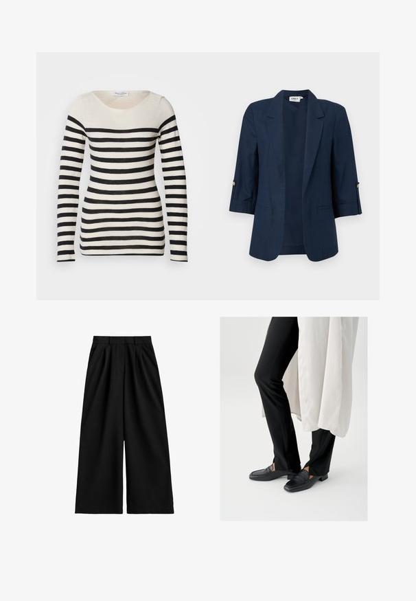 Dunkelblauer Damenblazer mit Dreiviertelärmeln, offenem Vorderteil, Revers mit Kerbkragen und Knopfdetails an den Ärmelbündchen.; Gestreiftes Langarmshirt in Beige und Schwarz. Mit einem runden Ausschnitt und horizontalen Streifen in unterschiedlichen Breiten. Weiche Stofftextur.; Schwarze, weite Hosen mit hoher Taille, Gürtelschlaufen, vorderen Falten und einer sauberen, glatten Stoffoberfläche.; Schwarze Leder-Loafer mit quadratischer Spitze und niedrigem Blockabsatz, kombiniert mit schwarzen, eng anliegenden Hosen und einer fließenden weißen Oberbekleidung.