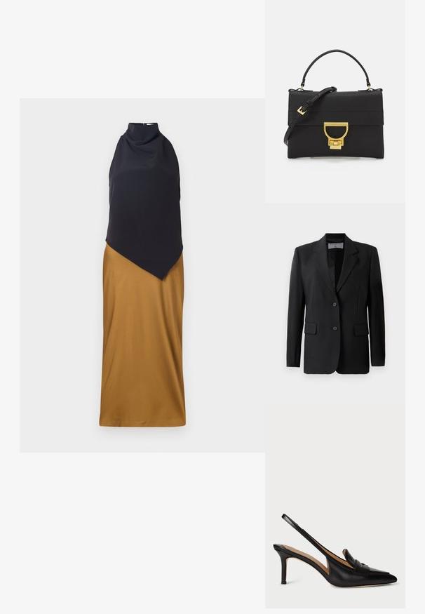Must on blazer, mille lõikega, kahe nupuga, äranäritud kraed ja klapiga taskud, valmistatud siledast kangast.; Suurte avatud õlgadega kleit, millel on kõrge kaelaehe. Must ülaosa ja sinepikollane seelik, millel on asümmeetriline äär ja sile tekstuur.; Mustad nahast slingback pump, millel on terav nina, madal konts ja dekoratiivne rihm üle jala. Sujuv tekstuur ja minimalistlik disain.; Mustmust kott struktureeritud kujuga, millel on ülemine käepide, eemaldatav rihm ja kuldse tooni kinnituse detail. Tekstureeritud viimistlus.