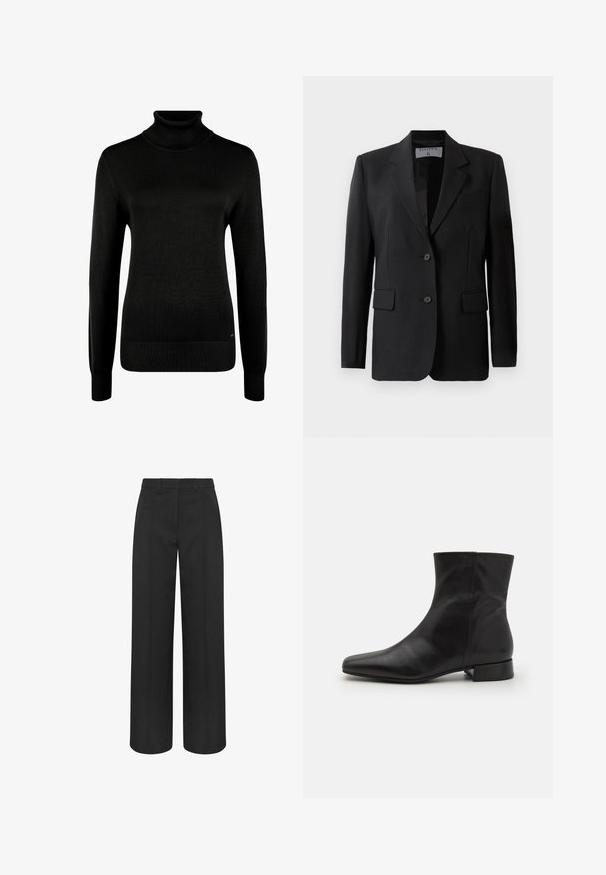 Zwarte blazer met een getailleerd ontwerp, voorzien van twee knopen, geknipte revers en klepzakken, gemaakt van een gladde stof.; Zwarte coltrui met lange mouwen en geribde manchetten en zoom, afgebeeld op een witte achtergrond.; Zwarte, brede broek met hoge taille, riemlussen en voorste plooinaden, op maat gemaakt voor een formele of professionele uitstraling.; Zwarte leren enkelboot met een spitse neus, gladde textuur, minimalistisch ontwerp en een lage blokhak. Zijrits gaat tot de enkel.