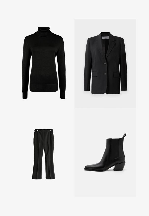 Must on blazer, mille lõikega, kahe nupuga, äranäritud kraed ja klapiga taskud, valmistatud siledast kangast.; Mustast värvist pikkade varrukatega kõrge kaelusega kampsun soonikutega mansettide ja äärega, valgel taustal.; Mustat püksid sirge, laieneva disainiga. Omavad lamedat esiosa, kahte küljetaskut ja elastset vööd. Sile kangastekstuuri.; Mustad nahast pahkluu saapad terava nina, elastsete külgpaneelidega ja madala plokknäoga. Omab tõmbluku silmust kanna juures, mis teeb kasutamise lihtsaks.