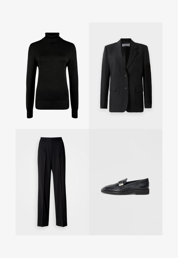 Must on blazer, mille lõikega, kahe nupuga, äranäritud kraed ja klapiga taskud, valmistatud siledast kangast.; Mustast värvist pikkade varrukatega kõrge kaelusega kampsun soonikutega mansettide ja äärega, valgel taustal.; Mustad kohandatud kõrge vöökohaga püksid, millel on voldid ja lai säärekand. Valmistatud siledast kangast, eeslitest ja vööaasadest.; Must musta loafer musta silma ristkülikukujuline pandla peal ja madal konts valgel taustal.