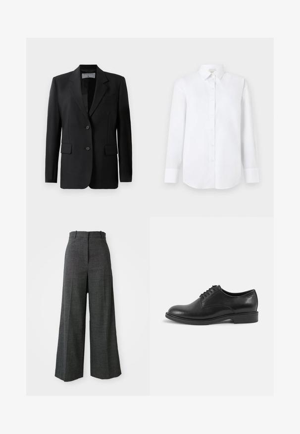 Sort blazer med skræddersyet design, færdiggjort med to knapper, notch-lapel og klaplommer, lavet af et glat stof.; Hvid langærmet skjorte lavet af glat stof, med knaplukning foran, klassisk krave og rundet bagkant med knappede manchetter.; Gråternet vidde bukser med høj talje, der har forkantfoldninger, vertikal struktur og uden synligt hardware eller detaljer.; Sorte læder dress sko med rund tå, snørelukning og flad gummisål. Glat tekstur med minimale detaljer.