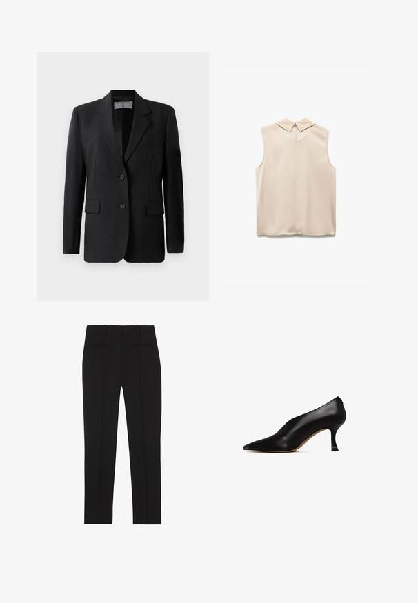 Blazer noir avec un design ajusté, doté de deux boutons, de revers crantés et de poches à rabat, fabriqué à partir d'un tissu lisse.; Blouse sans manches beige avec un col pointu, en tissu lisse, et une ouverture en forme de trou de serrure à l'arrière. Design minimaliste et coupe ajustée.; Pantalon noir sur mesure à jambes droites avec passants de ceinture et deux poches passepoilées à l'arrière, conçu pour une tenue formelle.; Chaussure à talon haut en cuir noir avec un bout pointu et un talon fin et courbé. Présente une texture lisse et un design minimaliste.