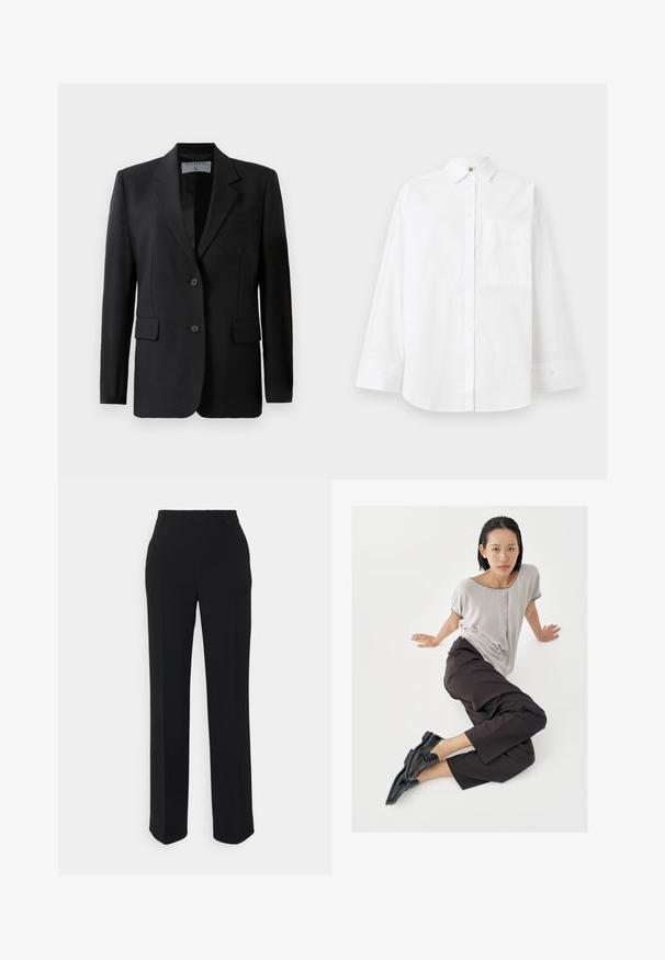 Blazer noir avec un design ajusté, doté de deux boutons, de revers crantés et de poches à rabat, fabriqué à partir d'un tissu lisse.; Chemise blanche à boutons en coton. Caractéristiques : manches longues, col, et une poche poitrine. Texture lisse, design classique.; Pantalons noirs à jambes droites avec une texture lisse. Dotés d'une taille et sans motifs ou accents visibles. Design classique et ajusté.; Haut gris clair à manches courtes, pantalons larges foncés, et mocassins noirs. Tissu lisse, coupe décontractée, et bordure contrastante sur la chemise.