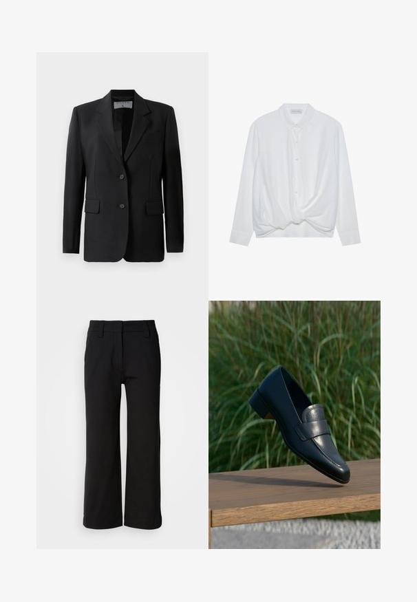 Must on blazer, mille lõikega, kahe nupuga, äranäritud kraed ja klapiga taskud, valmistatud siledast kangast.; Valge pika varrukaga särk krae ja nööbiga esil, mis on kaunistatud keerutatud sõlmega hemmi juures. Sile kangas ja mugav lõige.; Mustad laiad püksid, mis on valmistatud siledast kangast. Omavad lõike ees lamefronti, vööde jaoks silmuseid ning puhta hemmi, ilma taskute või nähtavate kinnitusteta.; Mustast nahast loafer madala kontsaga, mis tasakaalustab puidust pinkri serval õues, taustal kõrge roheline roheline muru.