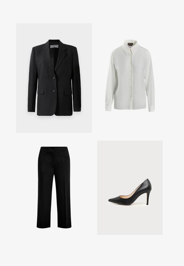 Schwarzes Blazer mit taillierter Passform, ausgestattet mit zwei Knöpfen, Reverskragen und aufgesetzten Taschen, aus einem glatten Stoff gefertigt.; Luisa Spagnoli LIMONAIA - Hemdbluse - panna; Schwarze, weite Hosen aus glattem Stoff mit zwei vorderen Taschen und einem flachen Bund. Maßgeschneiderter Schnitt mit klarer Silhouette.; Schwarzer Lederpumps mit spitz zulaufender Spitze und schlankem Absatz, von der Seite auf weißem Hintergrund gezeigt.