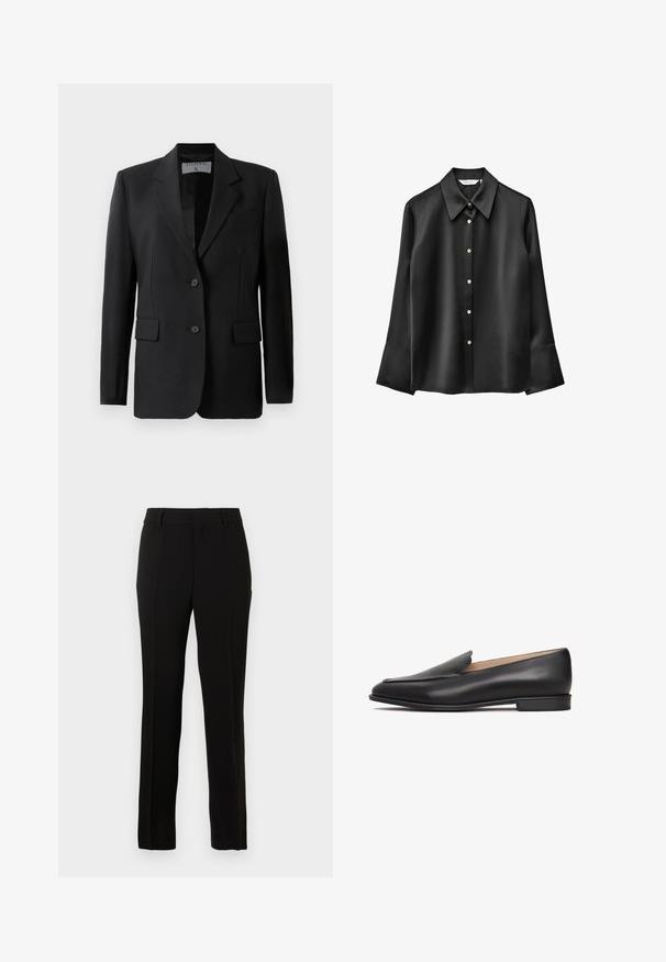 Sort blazer med skræddersyet design, færdiggjort med to knapper, notch-lapel og klaplommer, lavet af et glat stof.; Sort satinbluse med lange ærmer, spids krave, knapper foran og udvidede manchetter. Har en diskret glans og runde knapper.; Sorte skræddersyede bukser lavet af et glat materiale, med lige snit, pressefolder, bæltesløjfer og lynlås til lukning.; Sort lædersko med lavprofil, rund tå og diskret tekstur. Glat finish, minimale detaljer og flad sål.