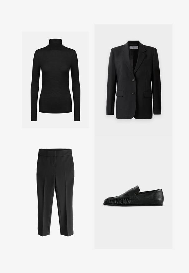 Schwarzes Blazer mit taillierter Passform, ausgestattet mit zwei Knöpfen, Reverskragen und aufgesetzten Taschen, aus einem glatten Stoff gefertigt.; Schwarzer Rollkragenpullover mit langen Ärmeln, gerippter Textur, taillierter Passform und hohem Kragen. Hergestellt aus einem weichen, dehnbaren Stoff.; Schwarze, maßgeschneiderte Hosen mit glatter Textur, breitem Bund, zwei seitlichen Taschen und Schlitzen am Saum für eine moderne Optik.; Schwarzer Lederloafer mit rund zulaufender Kappe, gerafften Details an der Vorderseite und flacher Sohle vor neutralem Hintergrund.