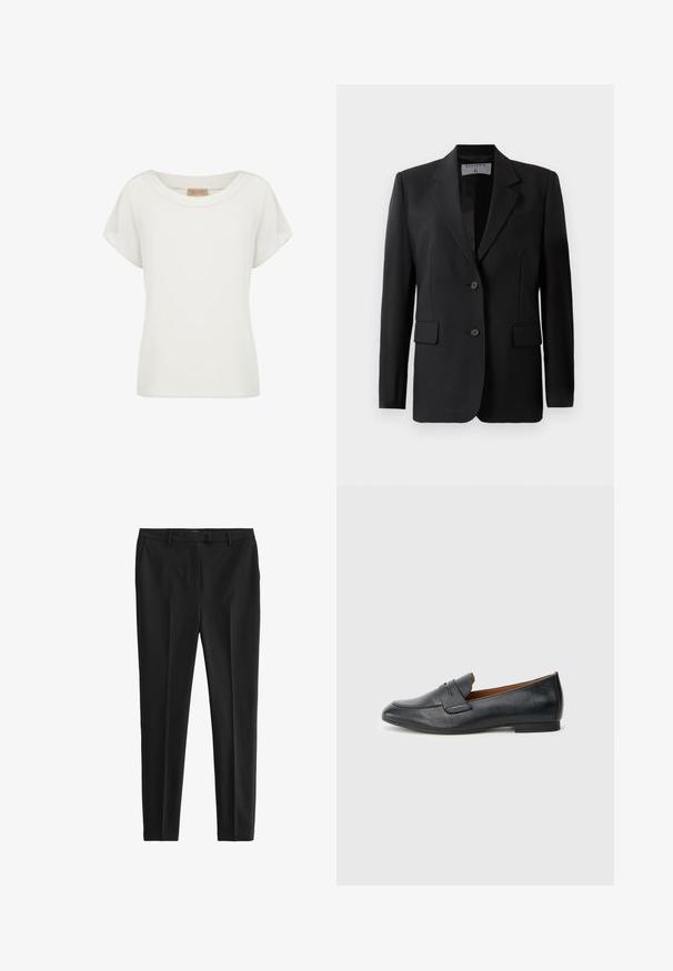 Sort blazer med skræddersyet design, færdiggjort med to knapper, notch-lapel og klaplommer, lavet af et glat stof.; Hvid kortærmet dametop med rund halsudskæring og en lille beige label indeni kraven.; Sorte bukser lavet af glat stof, med skræddersyet pasform, frontfolder og bæltestropper, samt sidelommer og baglommer.; Sort læderloafers med rundet tå, diskrete syningsdetaljer og flad hæl. Glat tekstur med enkelt silhuet.