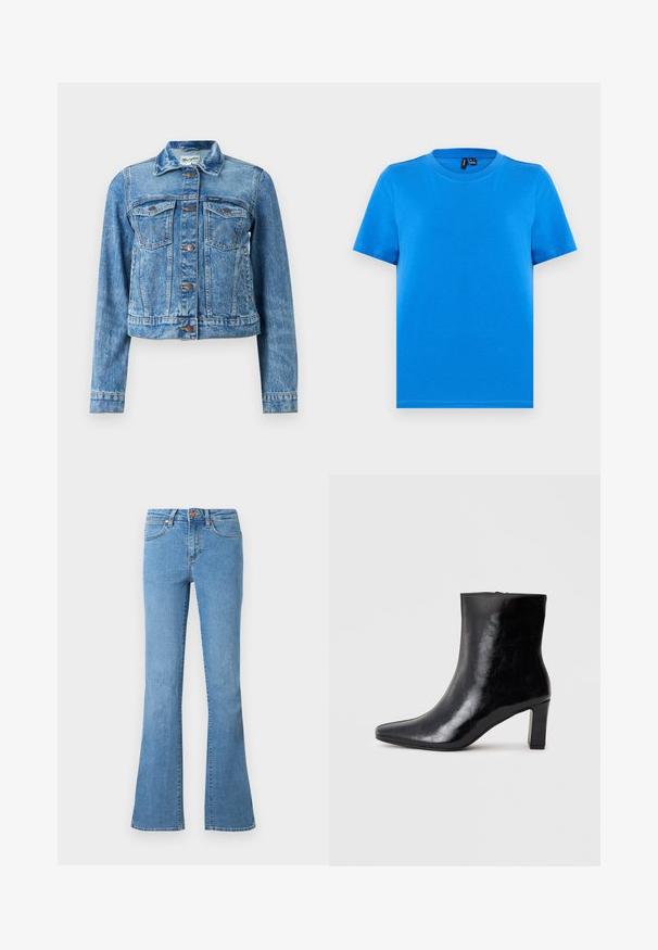 Veste en denim bleu avec fermetures à boutons, deux poches à rabat sur la poitrine, manches longues et col pointu.; T-shirt bleu uni à manches courtes avec col rond et coutures visibles au col, présenté à plat sur un fond gris clair.; Jean en denim bleu clair avec une taille mi-haute, cinq poches, fermeture par bouton et fermeture éclair, et des bas légèrement évasés.; Bottine noire en cuir brillant, avec un bout pointu et un talon carré moyen, présentant une texture lisse et un design simple.