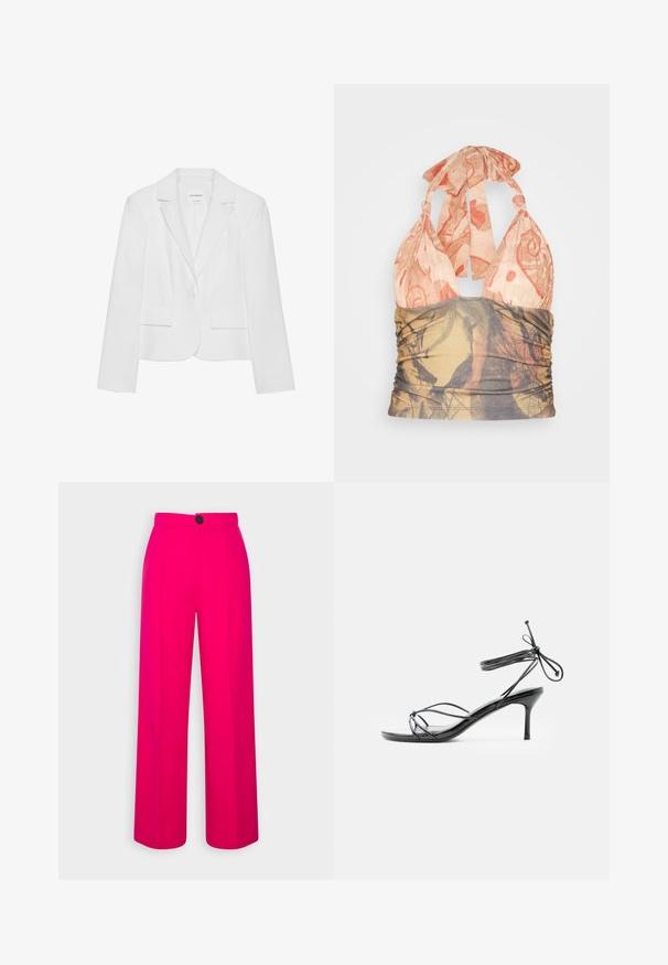 Hvid skræddersyet blazer med hak-lappelapels, enkeltknappet lukning, to forlommer med klap og lange ærmer.; Jaded London KNOTTED BEACH CONTRAST - Top - multi coloured; Fuchsia brede bukser med høj talje, frontfald og en enkelt sort knaplukning. Glat tekstur og skræddersyet design.; Sort højhælet sandal med tynde stropper omkring anklen og en mellemhøj stilethælt på en hvid baggrund.