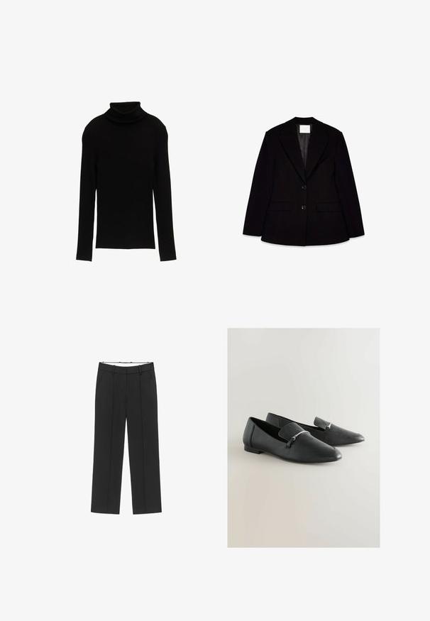 Blazer negro a medida con solapas anchas, dos botones delanteros y bolsillos con solapa, mostrado extendido sobre un fondo blanco.; Suéter negro de cuello alto con mangas largas y un diseño ajustado. La tela parece suave con una textura blanda y una silueta simple.; Pantalones negros de pierna ancha con frente plano, dos bolsillos laterales y trabillas para cinturón. Confeccionados con una tela suave y ligera.; Mocasines de cuero negro con punta puntiaguda, que cuentan con un detalle plateado y una solapa plegable. Tacón plano y textura suave.