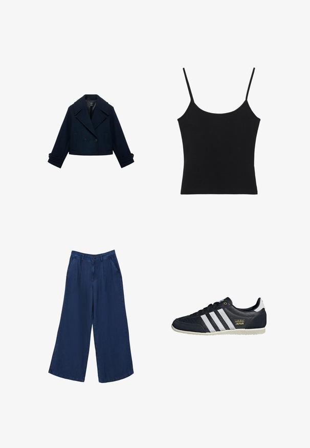 Marineblaue Wollmischung kurz geschnittene Peacoat mit doppelter Knopfreihe, großen Revers, zwei seitlichen Taschen und geknöpften Ärmel-Details.; Schwarzes ärmelloses Damen-Top mit dünnen Spaghettiträgern und geradem Saum.; Weite Jeanshose in Dunkelblau. Sie verfügt über zwei Fronttaschen, einen Knopfverschluss und hat eine glatte Textur mit einem leichten Stoff.; Schwarze Leder-Sneaker mit drei weißen Streifen, strukturierter Oberfläche, goldenem "adidas JAPAN"-Logo und einer gummierten Sohle mit Grip-Muster.