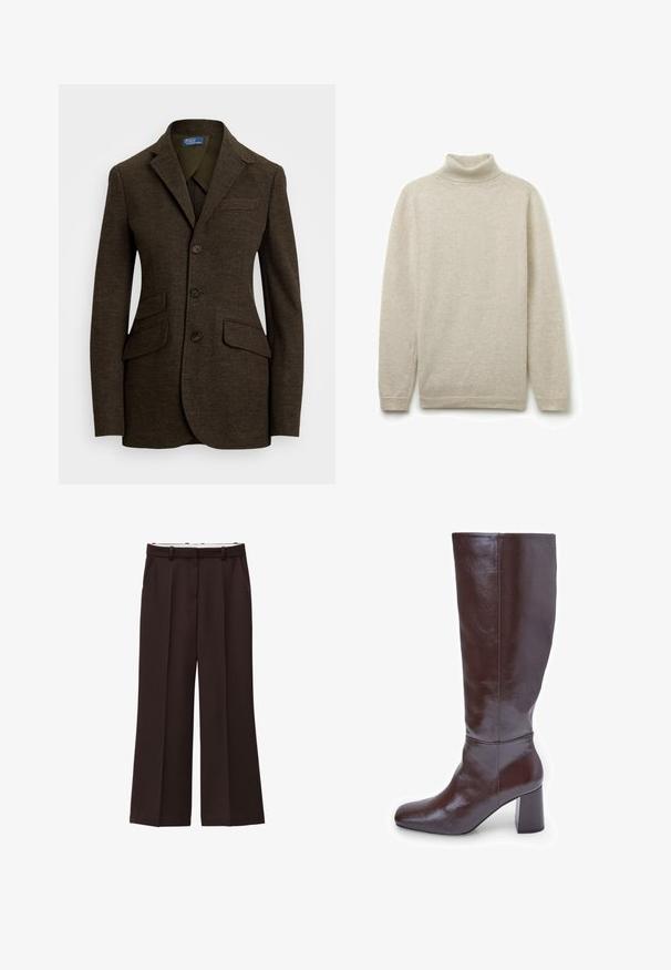 Brun hørhørjakke med spids lapel, tre knapper, to frontlommer og en brystlomme. Tekstileret stof og skræddersyet pasform.; Lysebeige turtleneck sweater lavet af blødt, tekstureret stof. Har lange ærmer og en tætsiddende halsdesign.; Viddebukser i mørkebrun stof, med høj talje, dobbelte læg og sidelommer. Glat tekstur med bæltestropper.; Brune læder knæhøje støvler med firkantet tå og en chunky hæl. Finishen er blank, hvilket fremhæver den glatte tekstur og designlinjer.