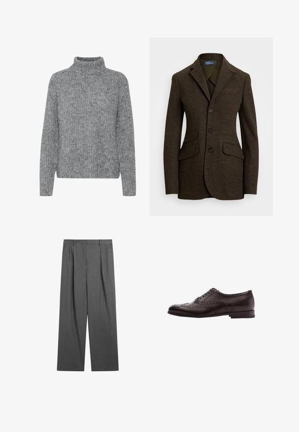 Brun hørhørjakke med spids lapel, tre knapper, to frontlommer og en brystlomme. Tekstileret stof og skræddersyet pasform.; Grå strikket sweater med høj krave, varierende teksturer og en boxy form. Har lange ærmer og en kant, der sidder ved taljen.; Mørkegrå pinstripe bukser med vid ben, bæltestropper, for-pli og lukning med krog og stang.; Brune læder dress sko med brogue-detaljer, snørebånds lukning, rund tå og en lav stablet hæl. Poleret finish og indviklede perforeringer.