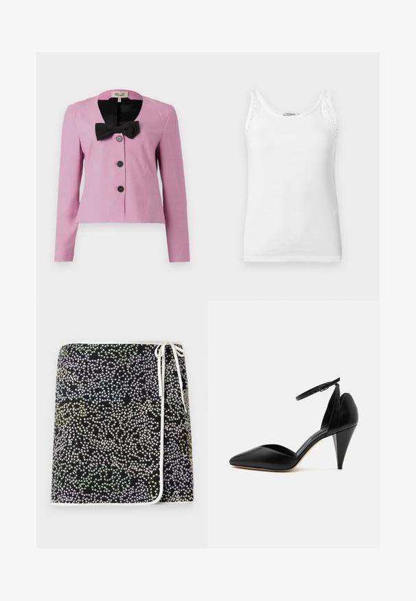 Lyserød cropped jakke med lange ærmer, sort sløjfe-detalje ved kraven og tre sorte knapper. Glat stof med en skræddersyet pasform.; Hvid ribstrikket ærmeløs tanktop med blondekant på skulderstropperne og rund halsudskæring.; Sort omslagskjorte med et flerfarvet stjernemønster i nuancer af pastellgul, grøn og blå, fremhævet med hvid kant og bånd.; Sort læder højhælet sko med spids tå, ankelrem og kegleformet hæl på hvid baggrund.