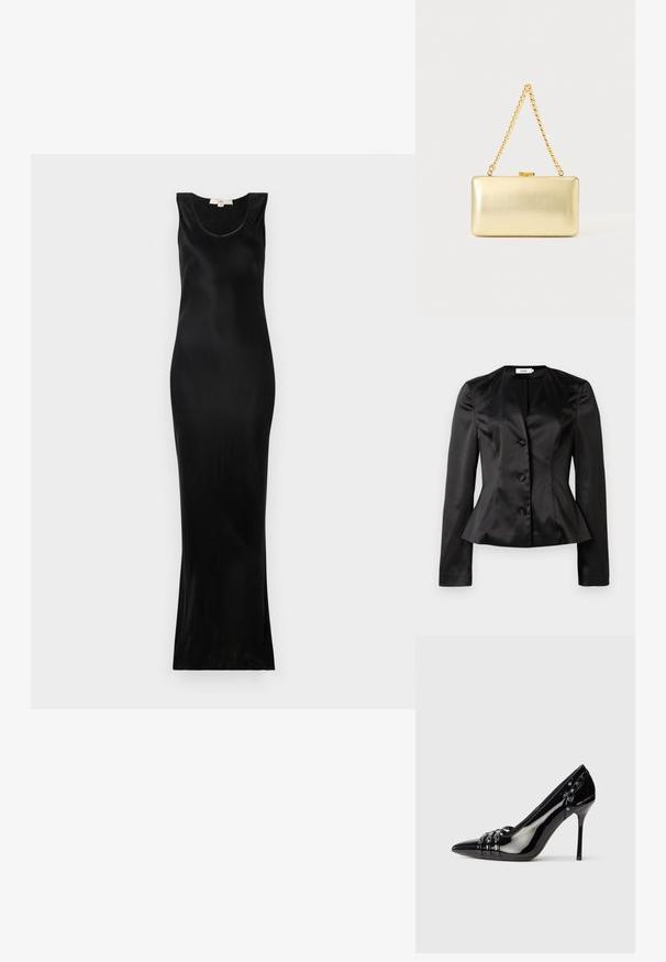 Zwarte satijnen blazer met lange mouwen, drie met stof bedekte knopen en een iets uitlopende taille voor een getailleerd silhouet.; Zwarte mouwloze maxijurk van een gladde stof; heeft een ronde halslijn en een getailleerd silhouet dat naar de zoom toe versmalt.; Zwarte lakleren stilettohak met spitse neus, drie decoratieve banden met studs en "Karl Lagerfeld" branding op de hak.; Rechthoekige gouden clutch met glanzende afwerking, metalen sluiting en korte gouden kettinghengsel tegen een effen lichte achtergrond.