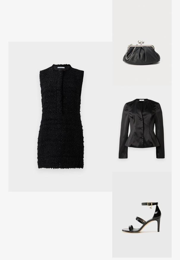 Sorte satin skræddersyet blazer med lange ærmer, tre stofbeklædte knapper og en let udvidet talje for en tætsiddende silhuet.; Sort ærmeløs kjole lavet af tekstureret stof med en lidt løs pasform, der har en høj halsudskæring og minimal detaljer.; Sorte patenterede lædersandaler med tre stropper, ankelspænde og 10 cm stiletthæl. Har detaljer i guld og et logo charms.; Sort læder clutch med samlet tekstur, sølvfarvet metalramme, kys-lås lukning og kædestrop. Glat, blød overflade.