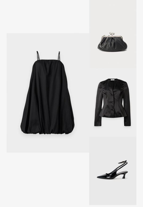 Blazer en satin noir sur mesure avec des manches longues, trois boutons recouverts de tissu et une taille légèrement évasée pour une silhouette ajustée.; Robe noire à fines bretelles, coupe ample en forme de ballon, avec un col froncé. Fabriquée en tissu doux, présentant une texture lisse sans motifs visibles.; Escarpins à brides arrière en cuir verni noir, à bout pointu, avec un petit talon carré et une sangle de cheville ajustable dotée d'une boucle dorée.; Porte-monnaie en cuir noir avec texture froncée, cadre en métal argenté, fermeture à verrouillage kiss-lock et bandoulière en chaîne. Surface lisse et douce.