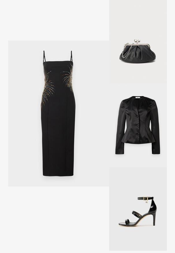 Blazer en satin noir sur mesure avec des manches longues, trois boutons recouverts de tissu et une taille légèrement évasée pour une silhouette ajustée.; Robe noire sans manches présentant une silhouette ajustée, ornée de motifs de feux d'artifice colorés en sequins sur le corsage. Texture de tissu lisse.; Sandale en cuir verni noir avec trois brides, boucle de cheville et talon aiguille de 10 cm. Présente un détail en métal doré et un charm logo.; Porte-monnaie en cuir noir avec texture froncée, cadre en métal argenté, fermeture à verrouillage kiss-lock et bandoulière en chaîne. Surface lisse et douce.
