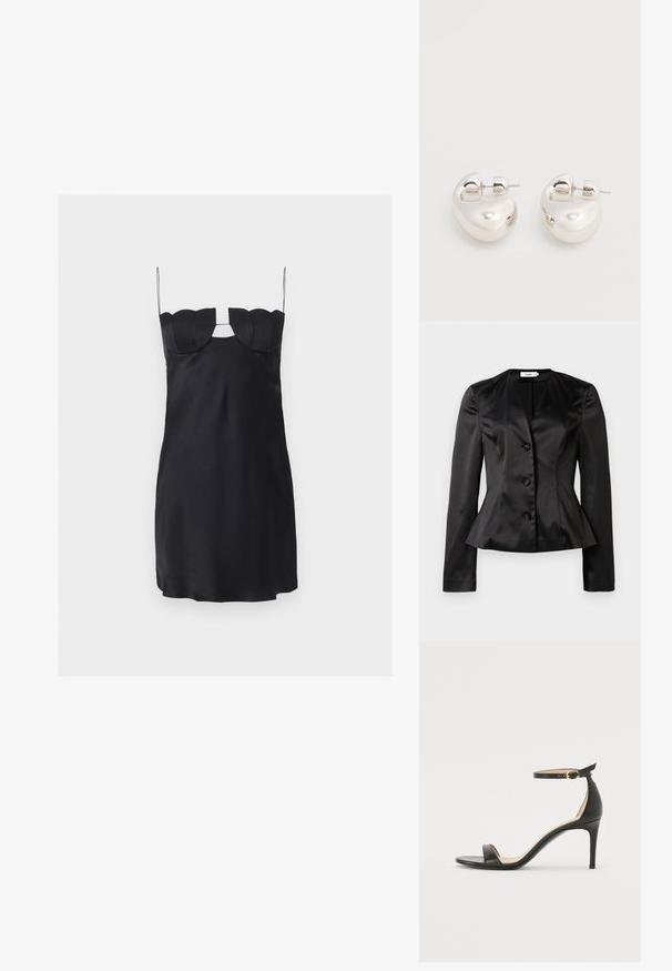 Blazer en satin noir sur mesure avec des manches longues, trois boutons recouverts de tissu et une taille légèrement évasée pour une silhouette ajustée.; Mini-robe noire avec un buste structuré en forme de coquillage, fines bretelles spaghetti et une découpe en forme de trou de serrure sous le décolleté.; Sandale à talons hauts en cuir noir avec une lanière de cheville. Présente une texture lisse, un bout ouvert et un talon fin. Détail de boucle en ton doré.; Paire de boucles d'oreilles argentées brillantes et épaisses avec fermoirs à tige, sur fond blanc uni.