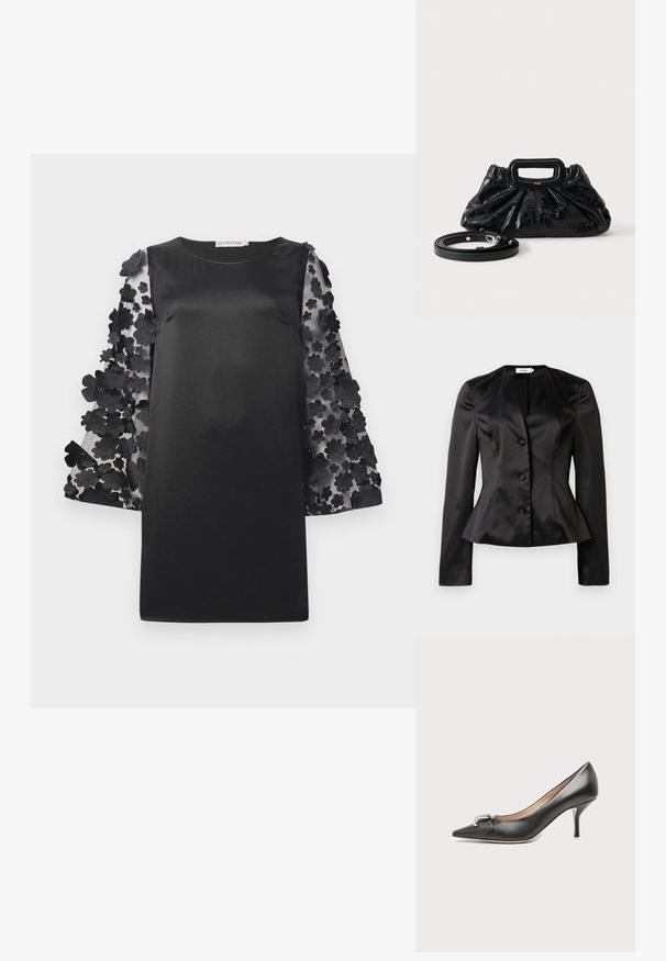 Zwarte satijnen blazer met lange mouwen, drie met stof bedekte knopen en een iets uitlopende taille voor een getailleerd silhouet.; Zwarte jurk met een gladde pasvorm en doorzichtige mouwen versierd met gelaagde bloemenapplicaties. Ronde halslijn en een ontspannen pasvorm.; Zwarte leren pumps met spitse neus, middelhoog naaldhakje en zilveren gespdetail vooraan, afgebeeld op een effen lichte achtergrond.; Kleine zwarte leren handtas met geplooide textuur, rechthoekige handgreep en afneembare dunne schouderriem ernaast geplaatst.