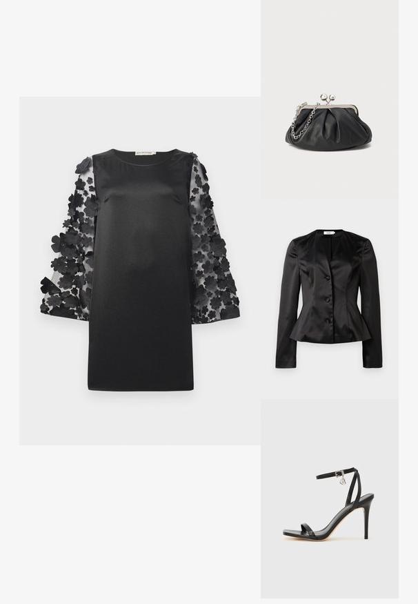Zwarte satijnen blazer met lange mouwen, drie met stof bedekte knopen en een iets uitlopende taille voor een getailleerd silhouet.; Zwarte jurk met een gladde pasvorm en doorzichtige mouwen versierd met gelaagde bloemenapplicaties. Ronde halslijn en een ontspannen pasvorm.; Zwarte sandaal met hoge hak, smalle enkelband, vierkante neus, soepel leermateriaal en metalen gespsluiting.; Zwarte leren clutch met geplooide textuur, zilverkleurig metalen frame, drukknopsluiting en kettingriem. Glad, zacht oppervlak.