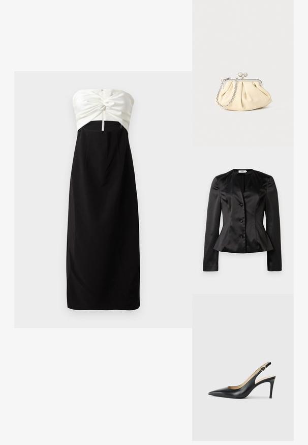 Zwarte satijnen blazer met lange mouwen, drie met stof bedekte knopen en een iets uitlopende taille voor een getailleerd silhouet.; Strapless jurk met een crèmekleurige satijnen lijfje met een knoopdetail, gecombineerd met een zwarte, gladde stoffen rok en een verborgen ritssluiting aan de achterkant.; Zwarte leren slingback-hakken met een spitse neus, verstelbare band en een elegante stiletto-hak, met een gladde afwerking.; Geplooide beige leren clutch met een zilveren metalen frame, voorzien van twee ronde decoratieve sluitingen en een zilveren kettingriem.