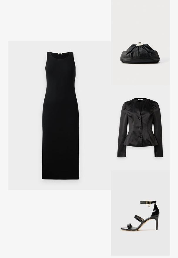 Schwarzer Satin-Blazer mit langen Ärmeln, drei mit Stoff bezogenen Knöpfen und leicht ausgestellt Taille für eine figurbetonte Silhouette.; Ärmeloses schwarzes Maxikleid mit rundem Ausschnitt und figurbetonter Silhouette, auf einem schlichten hellen Hintergrund präsentiert.; Schwarze Lackleder-Sandale mit drei Riemen, Knöchelriemen und 10 cm hohen Stiletto-Absatz. Verfügt über goldfarbene Hardware-Details und ein Logo-Charm.; Schwarze Leder-Clutch mit geraffter Textur, Metallverschluss und dezentem, auf der Vorderseite geprägtem Logo. Abgerundete Form.
