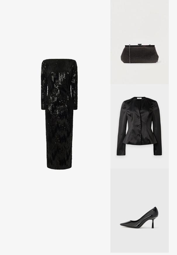 Zwarte satijnen blazer met lange mouwen, drie met stof bedekte knopen en een iets uitlopende taille voor een getailleerd silhouet.; Zwarte jurk met pailletten, lange mouwen, off-the-shoulder halslijn en rechte silhouet; heeft een gestructureerd, glinsterend oppervlak.; Zwarte lakleren high heel pump met een spitse neus, slank ontwerp en een smalle stiletto hak, met een gladde, glanzende textuur.; Zwarte mesh clutchbag met een gestructureerde silhouette, versierd met kleine metalen studs, heeft een sluiting met een klapmechanisme en een afneembare kettingriem.