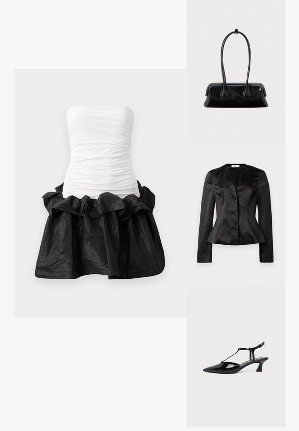 Schwarzer Satin-Blazer mit langen Ärmeln, drei mit Stoff bezogenen Knöpfen und leicht ausgestellt Taille für eine figurbetonte Silhouette.; Trägerloses Kleid mit einem weißen, taillierten Oberteil mit geraffter Textur und einem schwarzen, glänzenden Rock mit fransigem Saum.; Schwarzer Slipper aus Lackleder mit spitz zulaufender Kappe, T-Riemen und niedrigem, schrägem Blockabsatz vor weißem Hintergrund.; Schwarze Lederhandtasche mit zwei langen Griffen, glatter Textur und einer abgerundeten Basis mit dekorativen Akzenten an den Seiten.