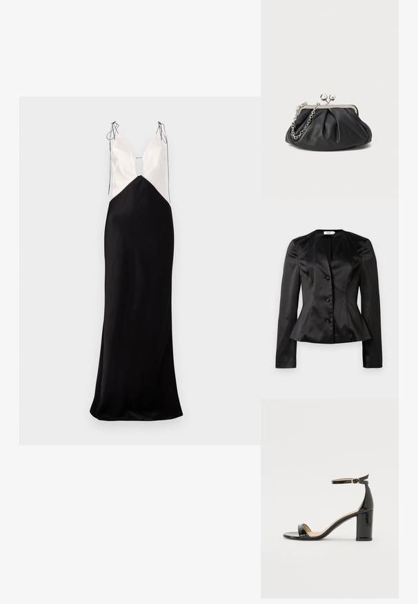Blazer en satin noir sur mesure avec des manches longues, trois boutons recouverts de tissu et une taille légèrement évasée pour une silhouette ajustée.; Robe longue sans manches avec une jupe en satin noir et un haut crème, dotée d'un décolleté en V et de détails décoratifs avec des nœuds aux épaules.; Sandale à talon haut en cuir verni noir avec bride à la cheville et boucle dorée, bout ouvert et talon bloc sur fond blanc.; Porte-monnaie en cuir noir avec texture froncée, cadre en métal argenté, fermeture à verrouillage kiss-lock et bandoulière en chaîne. Surface lisse et douce.