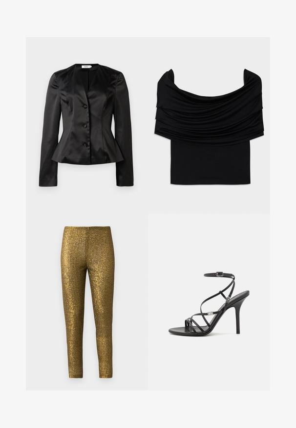 Blazer en satin noir sur mesure avec des manches longues, trois boutons recouverts de tissu et une taille légèrement évasée pour une silhouette ajustée.; Top noir décolleté avec un tissu drapé, texture douce et design ajusté. Présente un ourlet lisse et minimal à la taille.; Leggings métalliques dorés présentant un motif de rayures verticales texturé. Le tissu a une finition brillante et une silhouette slim et ajustée.; Sandale noire à talons hauts avec des brides fines, une boucle à la cheville, une surface en cuir lisse et un talon aiguille élancé.