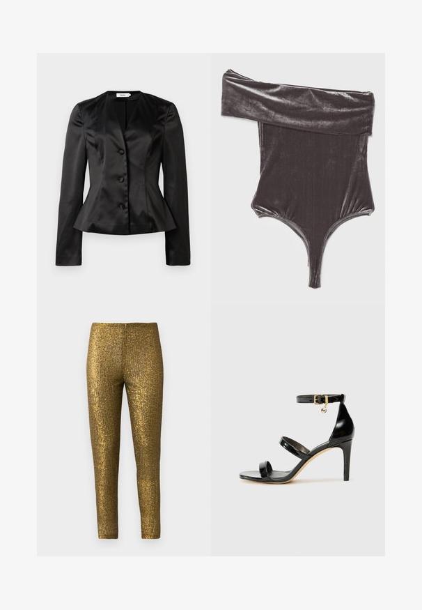 Sorte satin skræddersyet blazer med lange ærmer, tre stofbeklædte knapper og en let udvidet talje for en tætsiddende silhuet.; Agolde BREE BANDED BODYSUIT - T-shirts print - shark/gunmetal; Guld metallic leggings med en tekstureret, lodret stribe mønster. Stoffet har en blank overflade og en slank, tætsiddende silhuet.; Sorte patenterede lædersandaler med tre stropper, ankelspænde og 10 cm stiletthæl. Har detaljer i guld og et logo charms.