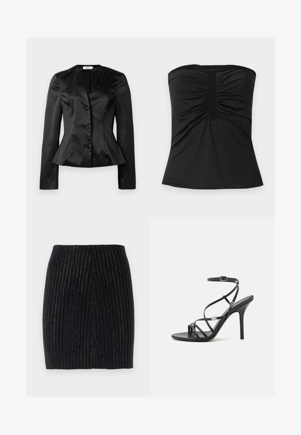 Sorte satin skræddersyet blazer med lange ærmer, tre stofbeklædte knapper og en let udvidet talje for en tætsiddende silhuet.; Sort stropløs top lavet af glat stof, med samlet detalje foran og en lige kant. Ingen synlig hardware eller mønstre.; Sort strikket mini skirt med lodrette ribber og subtile metallic tråde. Har et tætsiddende design og en centralt bagåbning for let bevægelse.; Sort højhælet sandal med tynde stropper, en ankelspænde, en glat læderoverflade og en slank stilethæl.