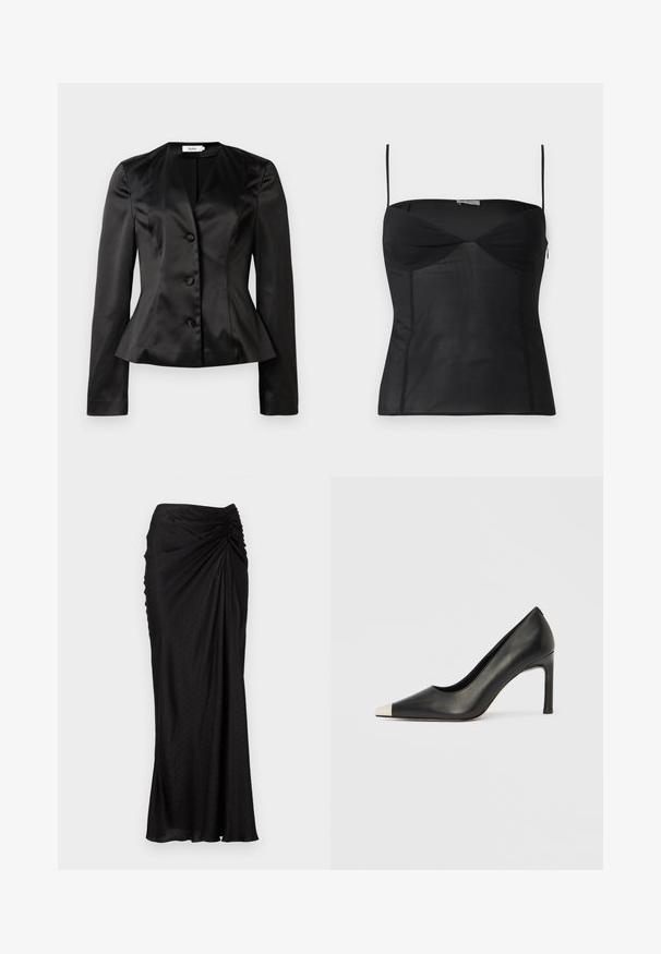 Blazer en satin noir sur mesure avec des manches longues, trois boutons recouverts de tissu et une taille légèrement évasée pour une silhouette ajustée.; Haut noir ajusté sans manches avec fines bretelles, encolure en cœur et détails de coutures sur un fond blanc uni.; Jupe midi noire en tissu doux avec un design drapé, des pois texturés et des fronces à la taille.; Chaussure à talon haut en cuir noir avec bout pointu et capuchon argenté métallique. Présente une finition lisse et un talon fin de 10 cm.